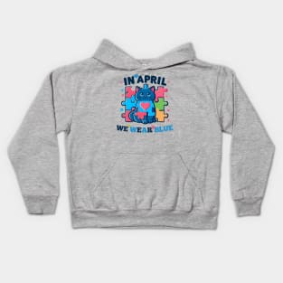 Cute Cat In April We Wear Blue Autism Awareness Month Kids Hoodie